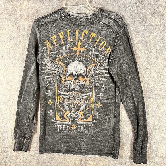 Affliction Other - RARE Vtg Affliction Reversible Thermal Shirt Mens L Indian Skull Y2K Grunge Goth